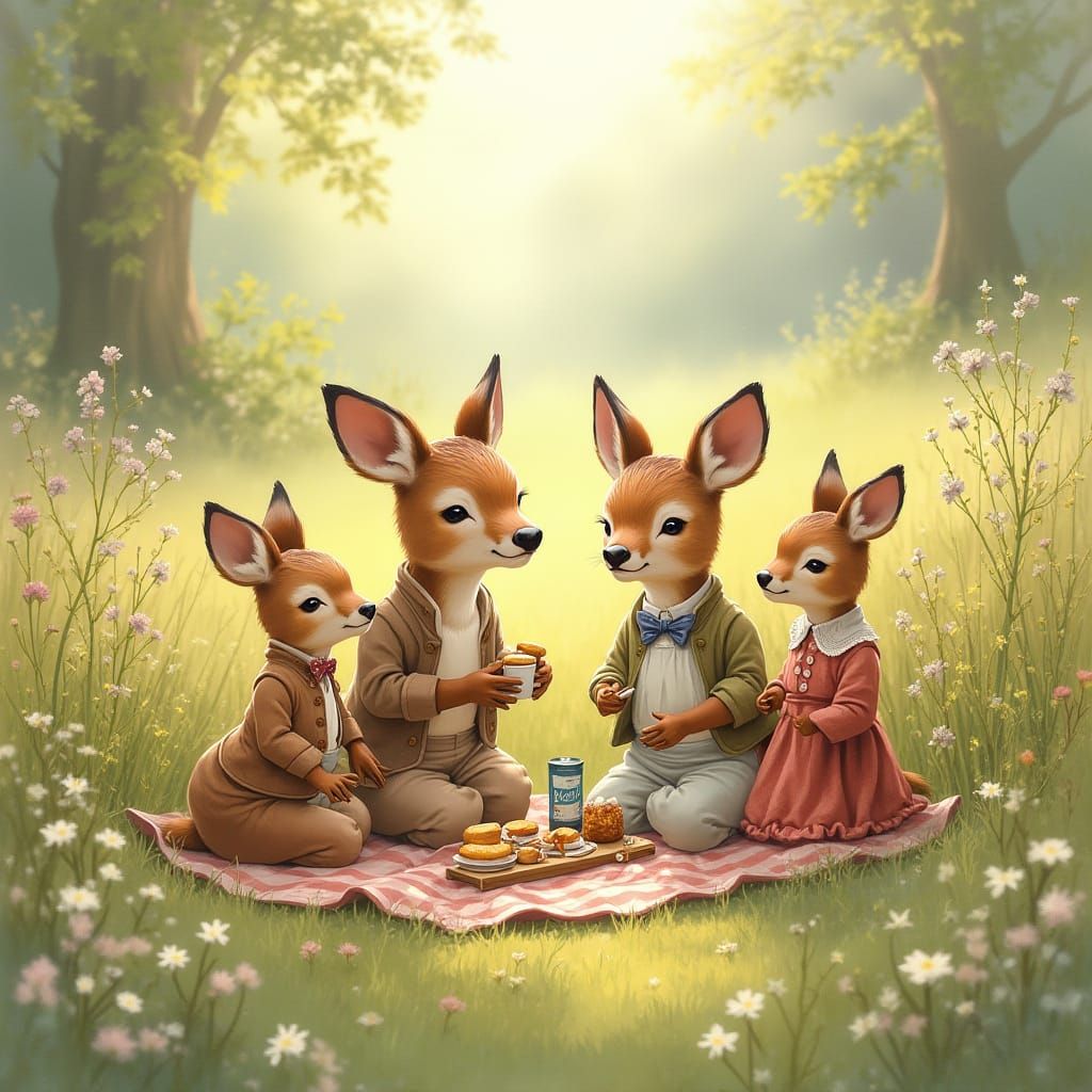 Deer Family Picnic in Wildflower Meadow, Painterly Style