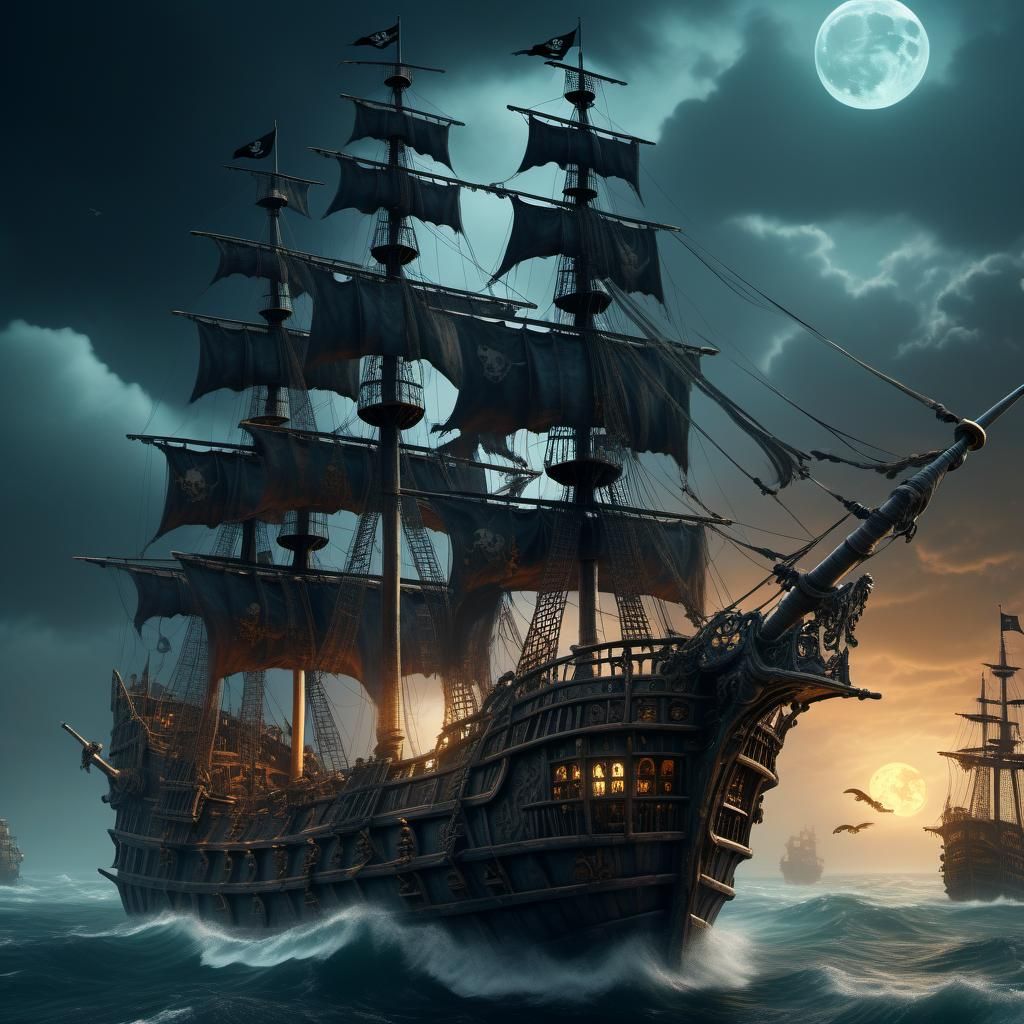 Skeleton Pirate Leads Ship: Digital Matte Painting