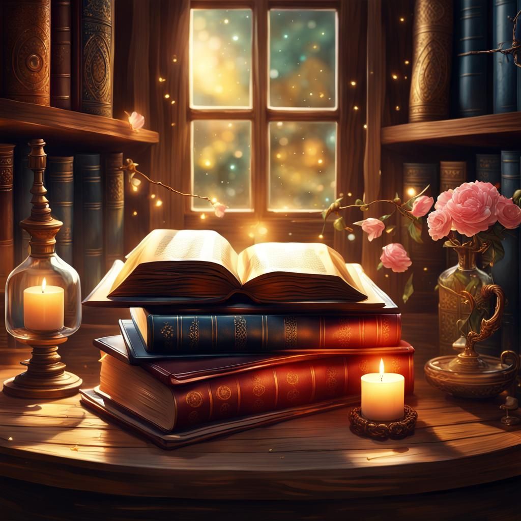 Magical Books on Wooden Table, Fantasy Illustration