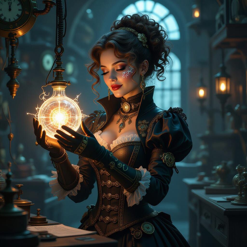 Aetherpunk Artificer in Workshop with Arcane Symbols