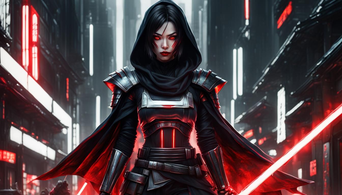 Beautiful Japanese Woman in Sith Armor with Lightsaber