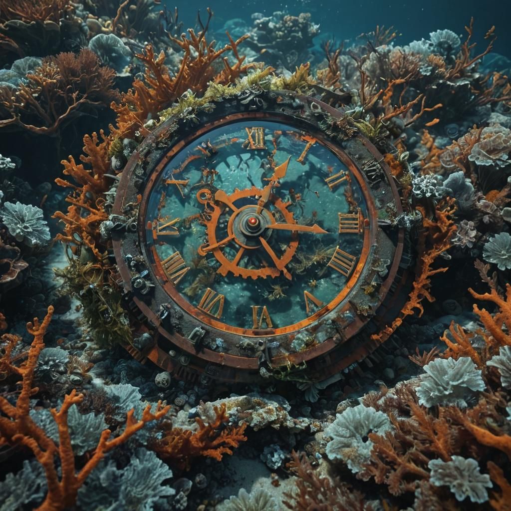Underwater Clock Covered in Seaweed: Dystopian Concept Art