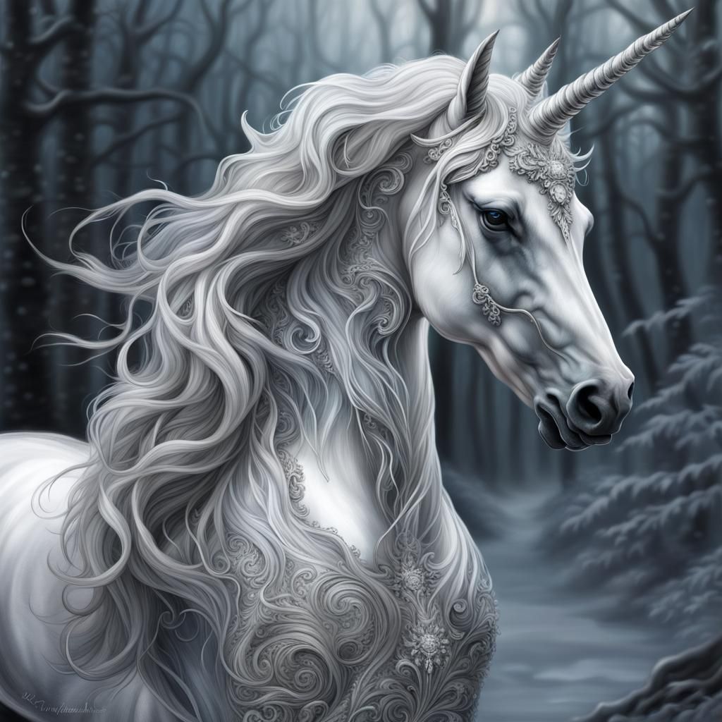 Translucent Winter Unicorn in Hyperreal Fantasy Style