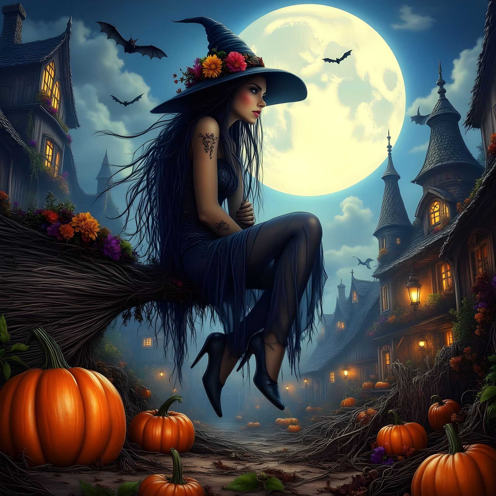 Witch Flying Broom Over Children Trick-or-Treating