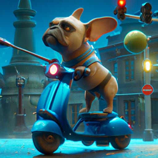 Dog Rides Scooter: Detailed Fantasy Concept Art