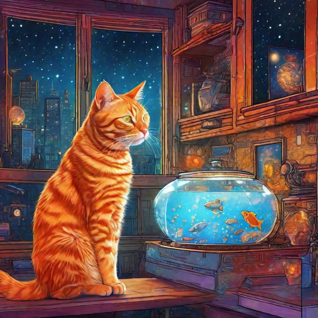 Cyborg Tabby Cat Gazing at Mechanical Goldfish