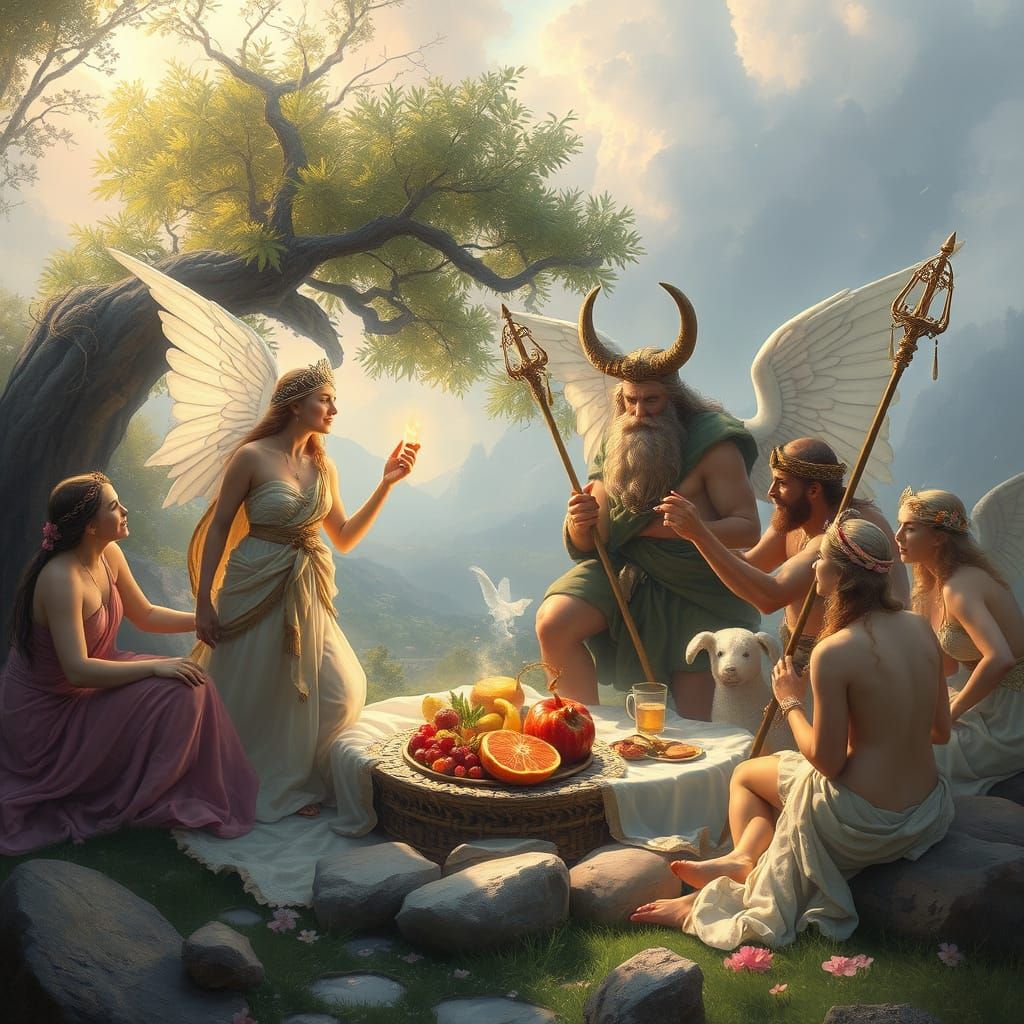Ethereal Goddesses and Gods at a Misty Picnic