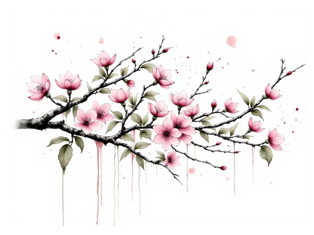 Sakura Branch in Chinese Ink Wash Style