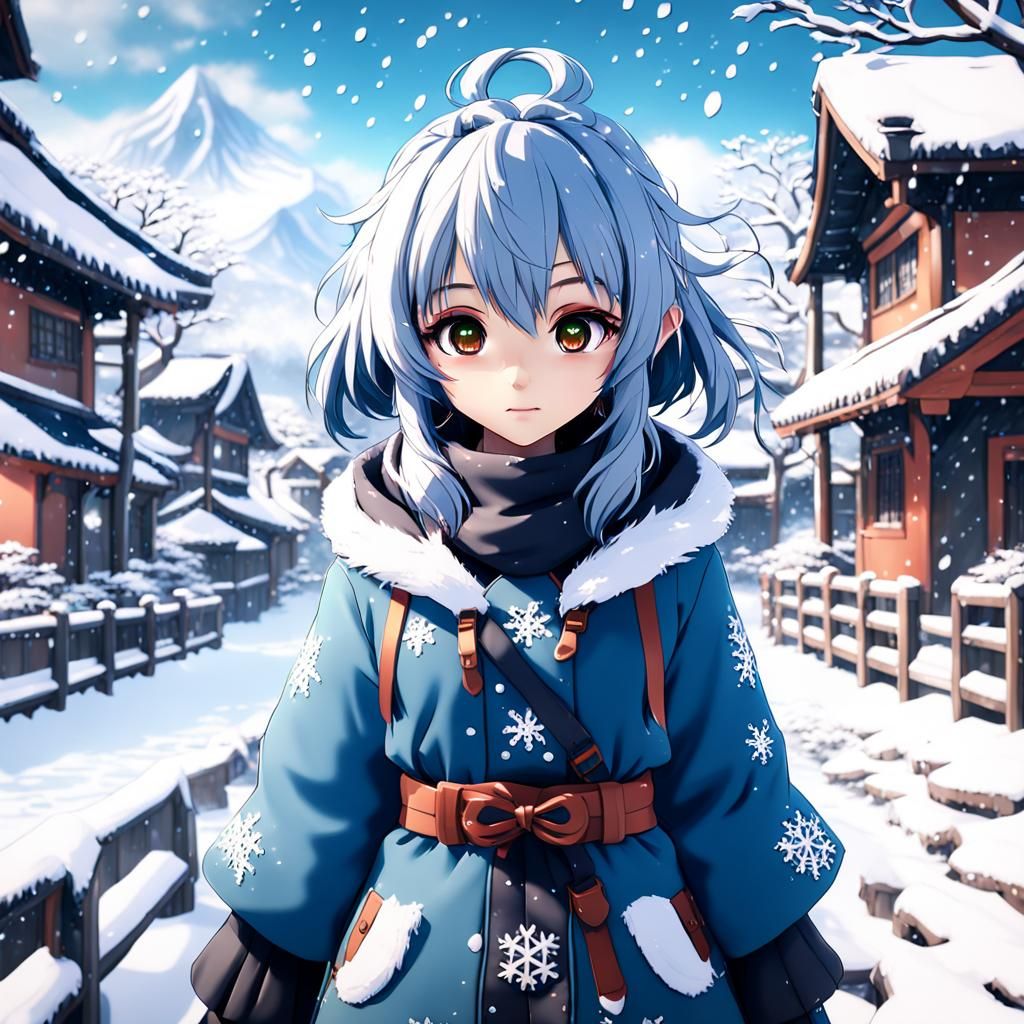 Anime Girl in Snowy Landscape: Detailed Matte Painting