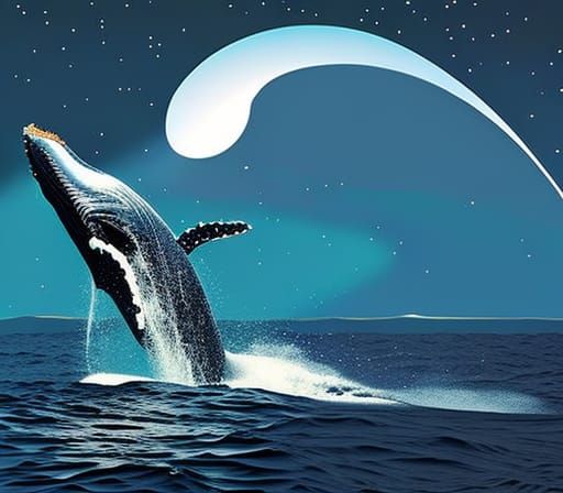 Whale Breaching Under Moonlit Sky in Maximalist Style