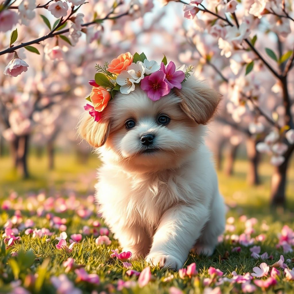 Puppy in Floral Crown Playing in Orchard