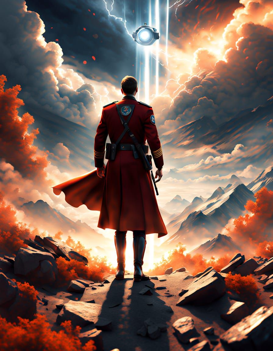 Futuristic RCMP Officer in Swirling Vortex of Clouds and Deb...