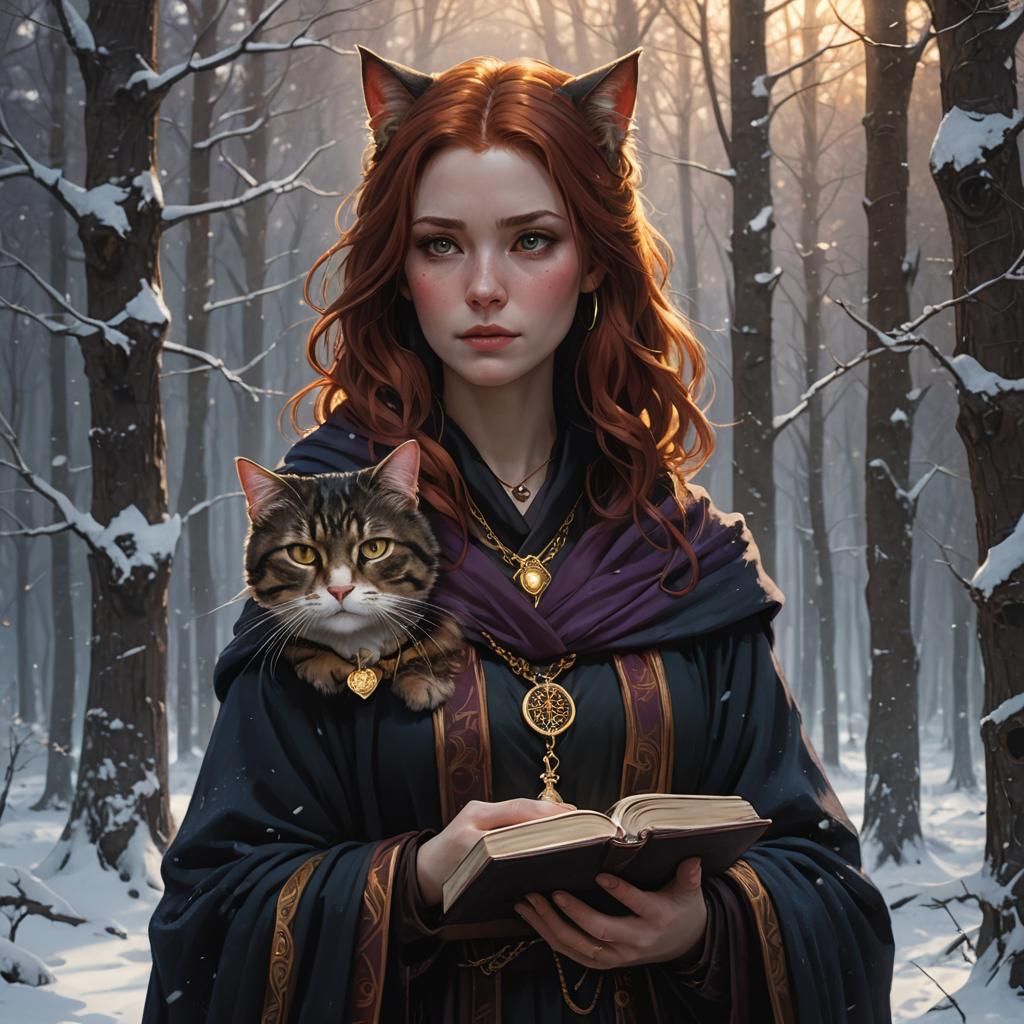 Girl with Cat in Snowy Forest, Matte Painting Style