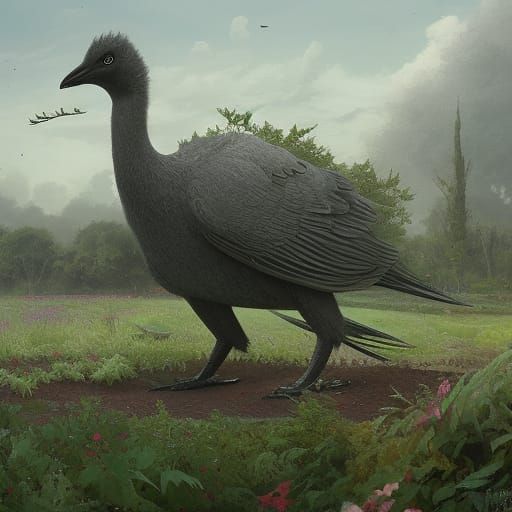 Sinister Flightless Bird Guarding Carnivorous Garden