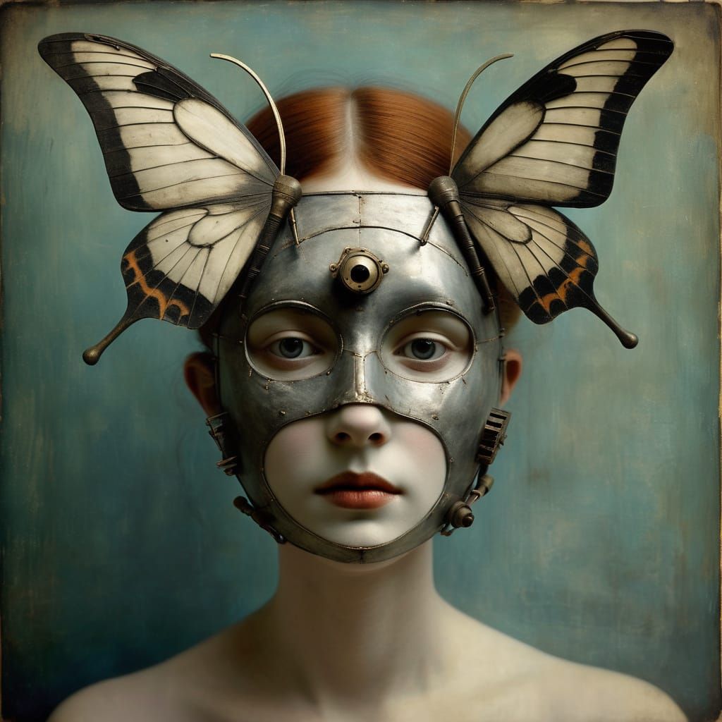 Moth Mask Sculpture with Mechanical Parts in Surreal Charcoa...