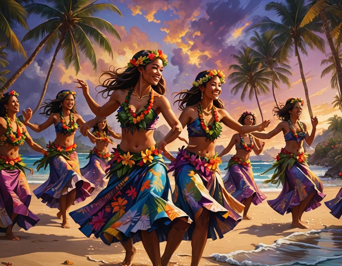 Hawaiian Hula Dancers in Vibrant Oil Painting