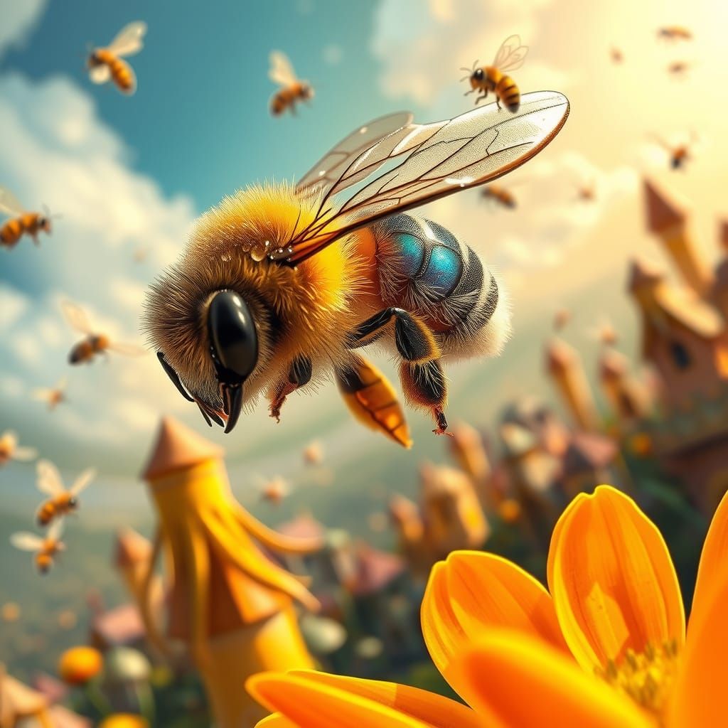 Surreal Bee Collects Nectar in a Whimsical Cityscape