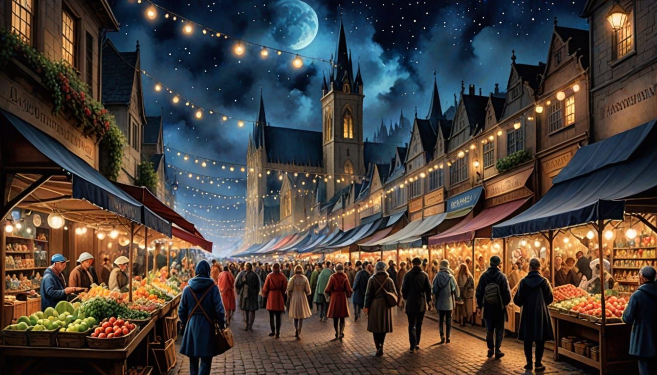 Vibrant Night Market Scene in Watercolor Fantasy Style