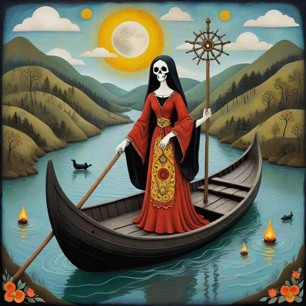 Soul Ferry in the Underworld, in Folk Art Style
