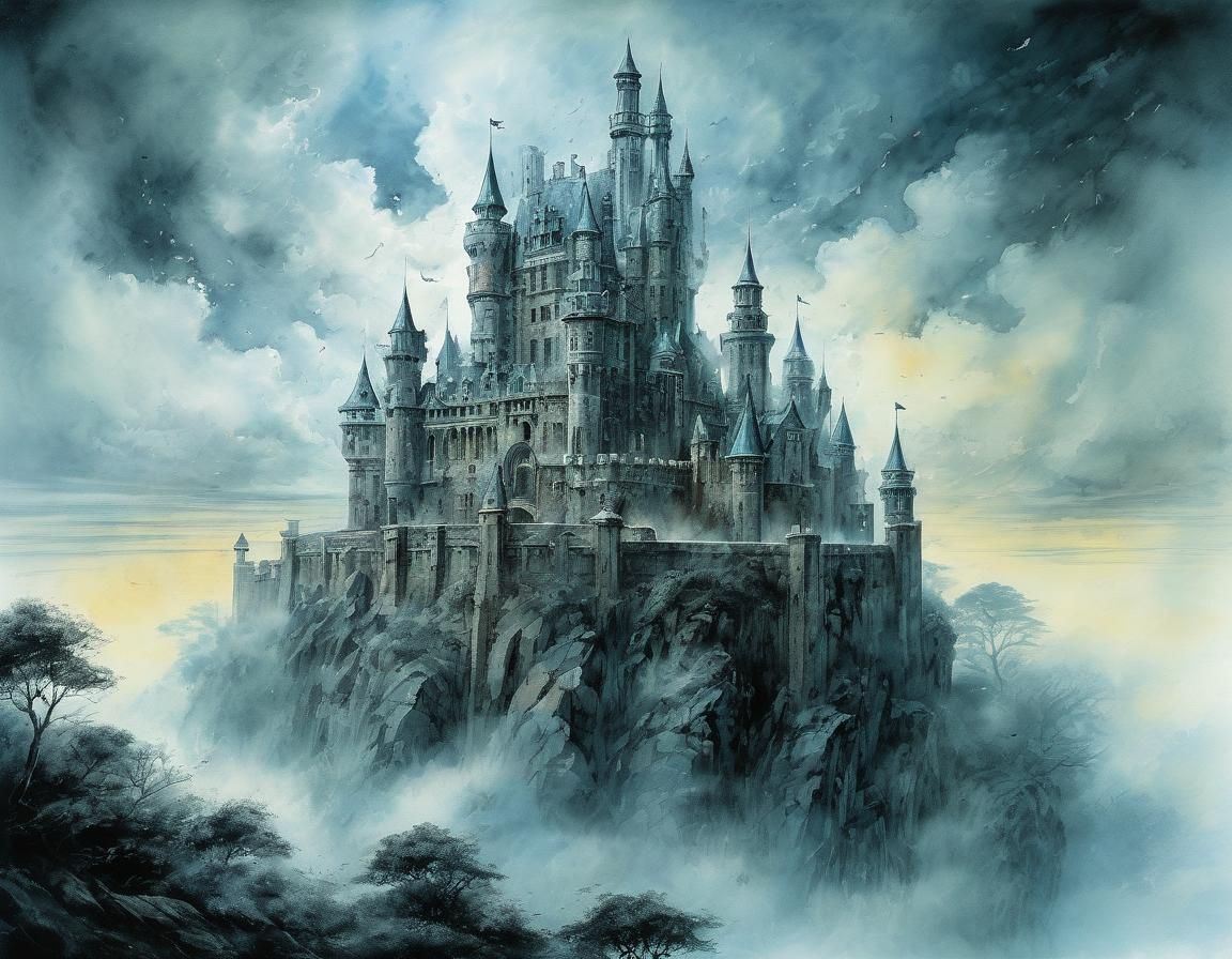Surreal Floating Castle in Watercolor Comic Art