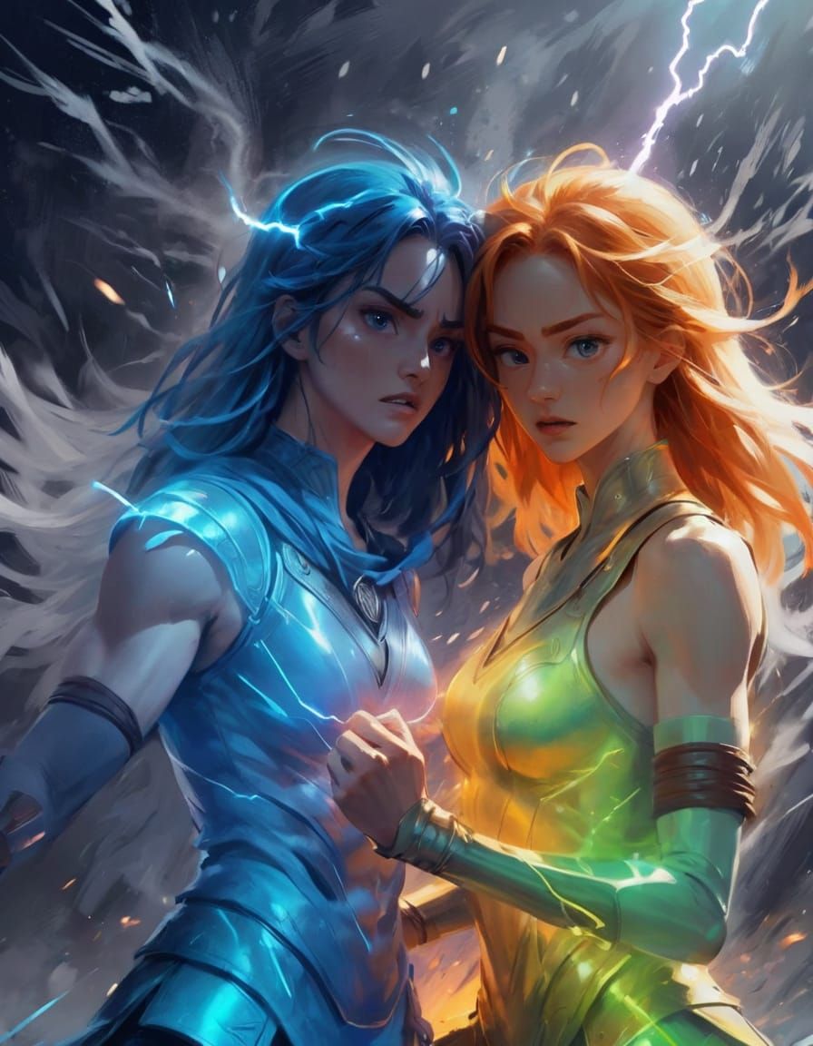 Anime Warriors Clash with Ice Blades and Lightning Staff