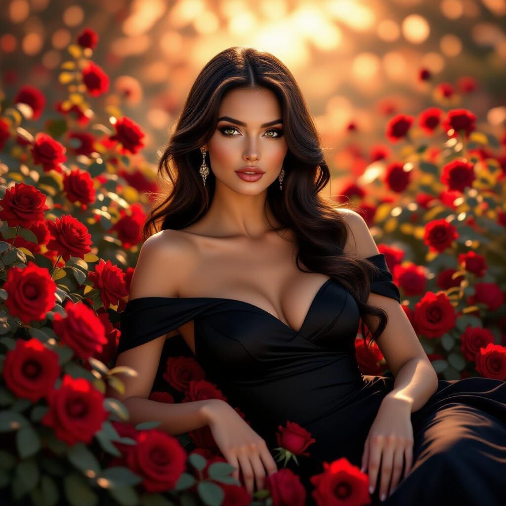 Woman in Black Dress Among Roses in Morning Sun