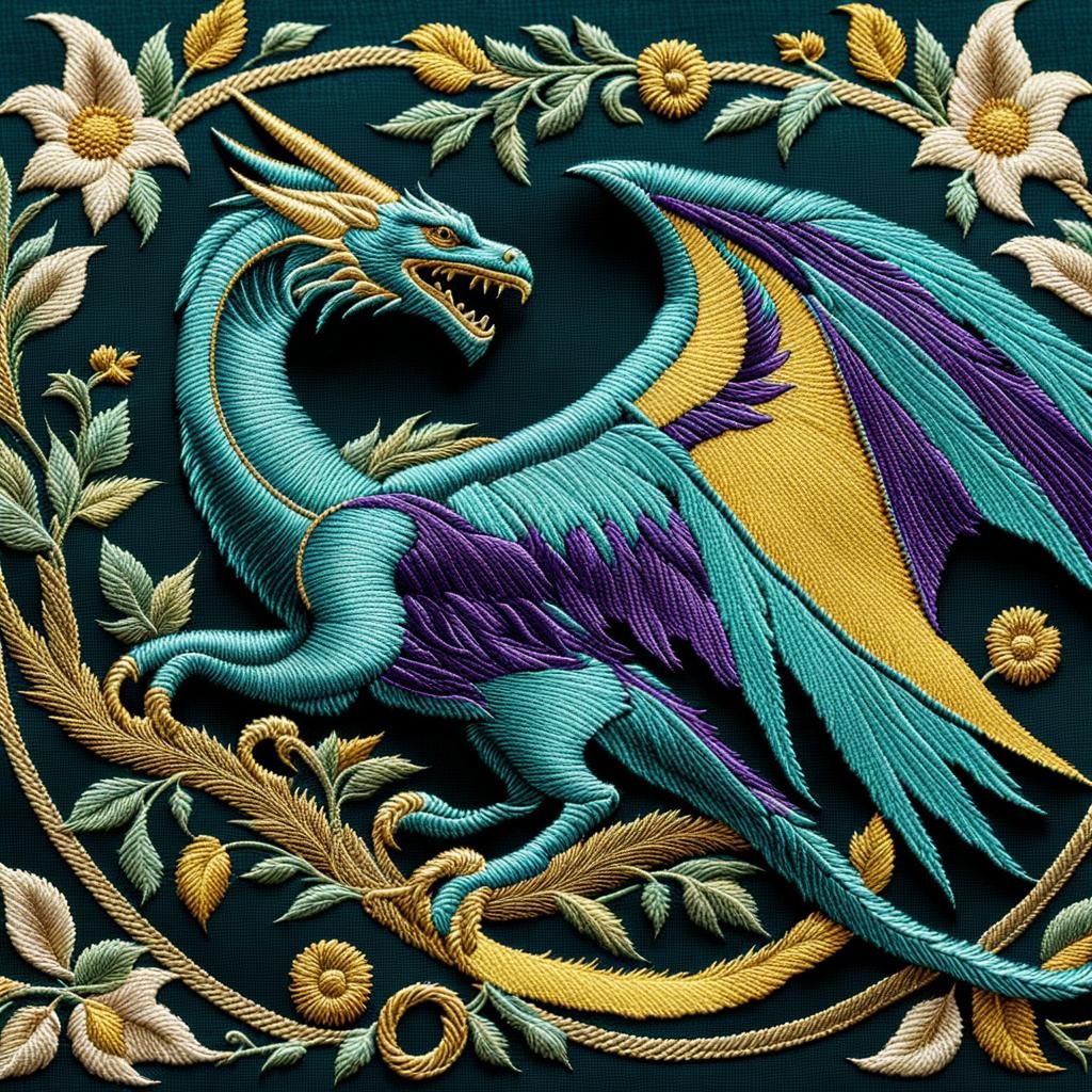 Teal Embroidered Wyvern with Medieval Ornamentation