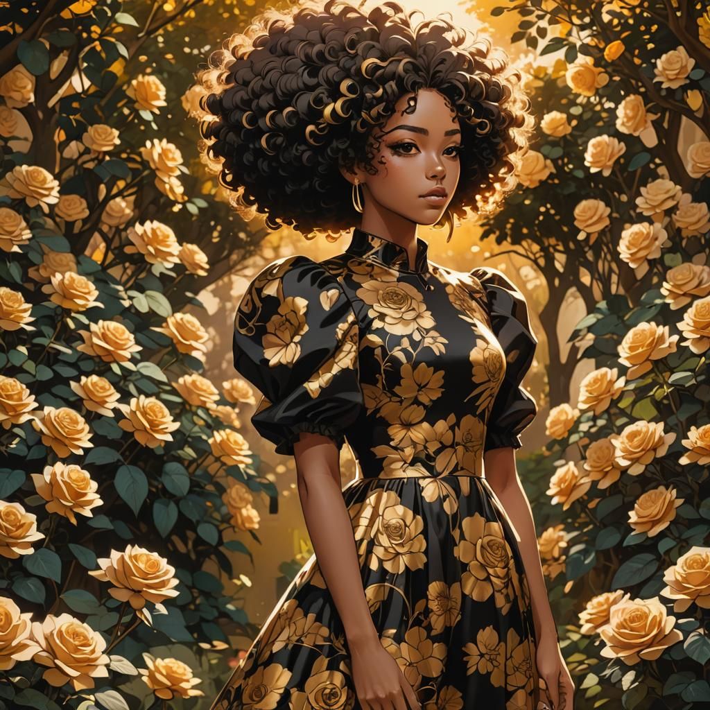Anime Portrait of Girl with Afro in Garden