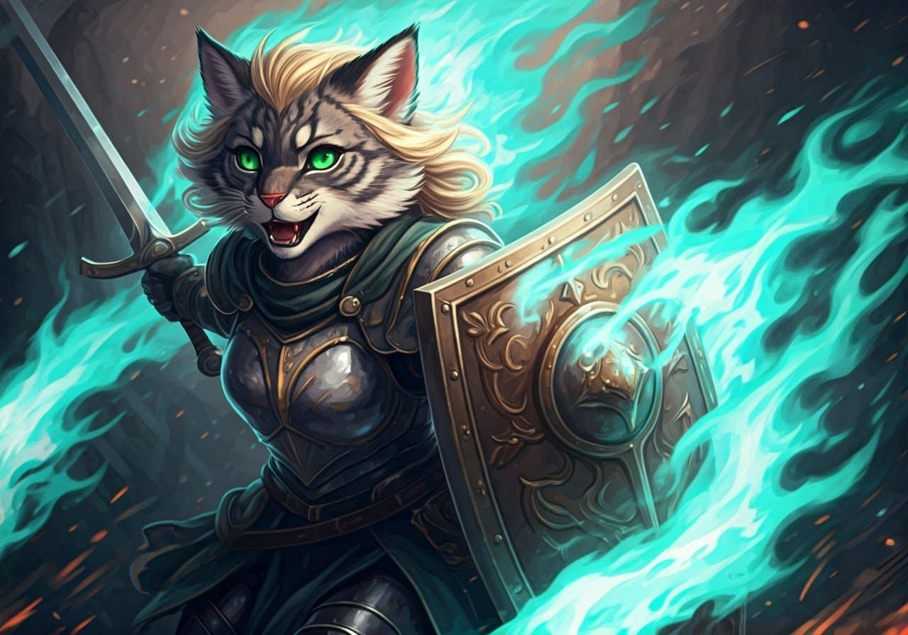 Fantasy Feline Warrior in Teal-Magic Flames