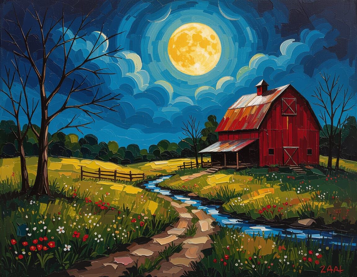 Encaustic Impasto Farmhouse Barn at Dusk