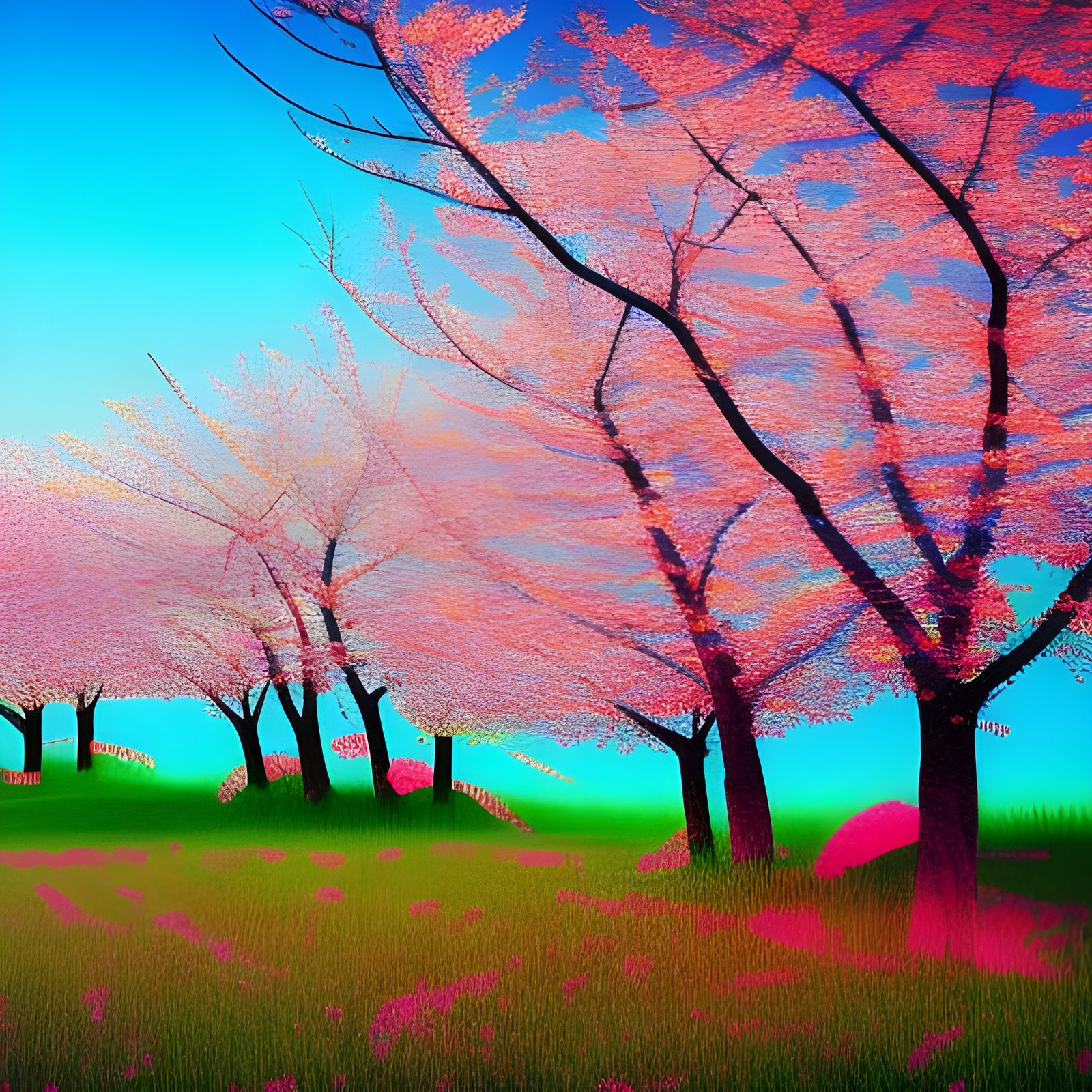 Psychedelic Neon Cherry Blossoms in Hyperdetailed Field