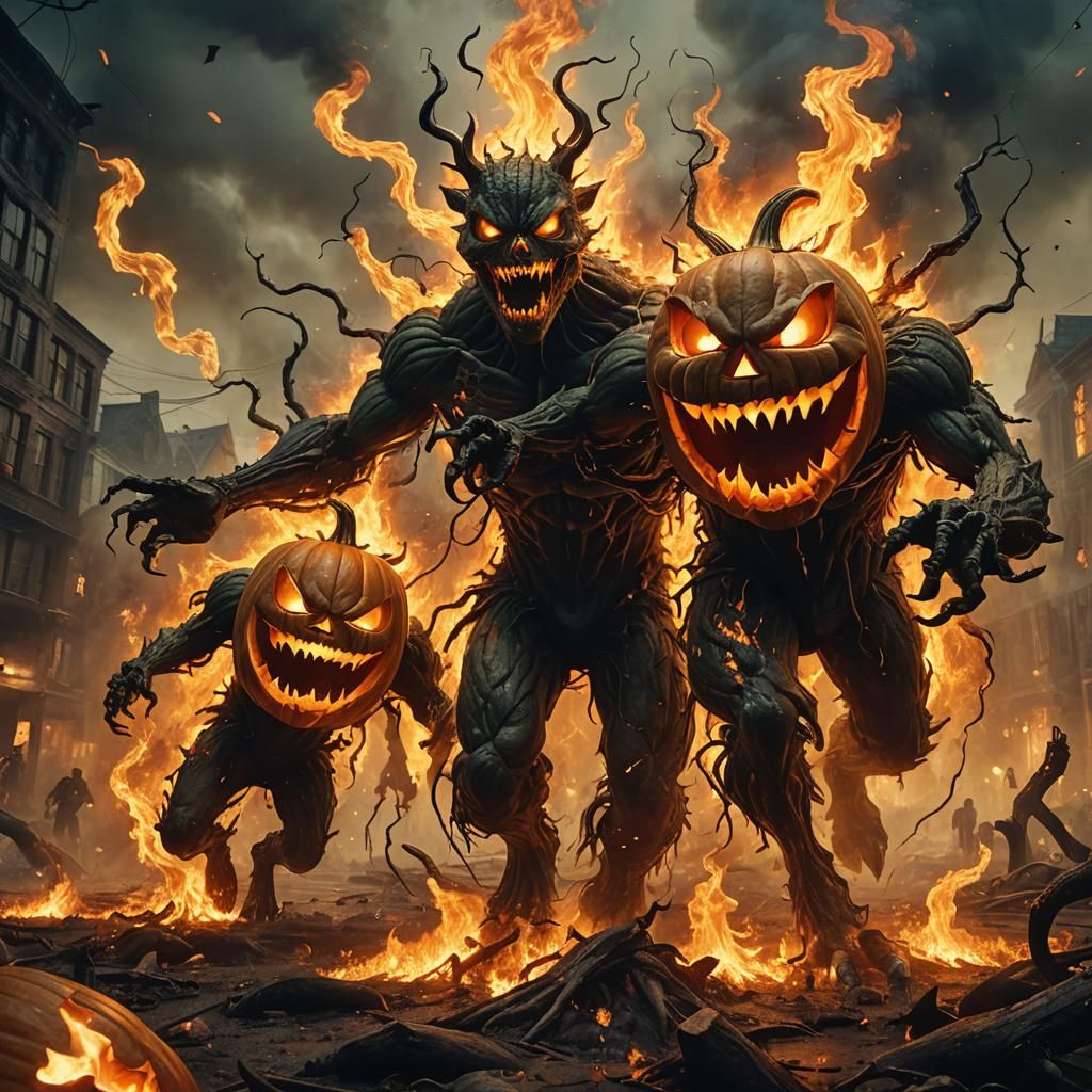 Two-Headed Pumpkin Monster in Blazing Landscape