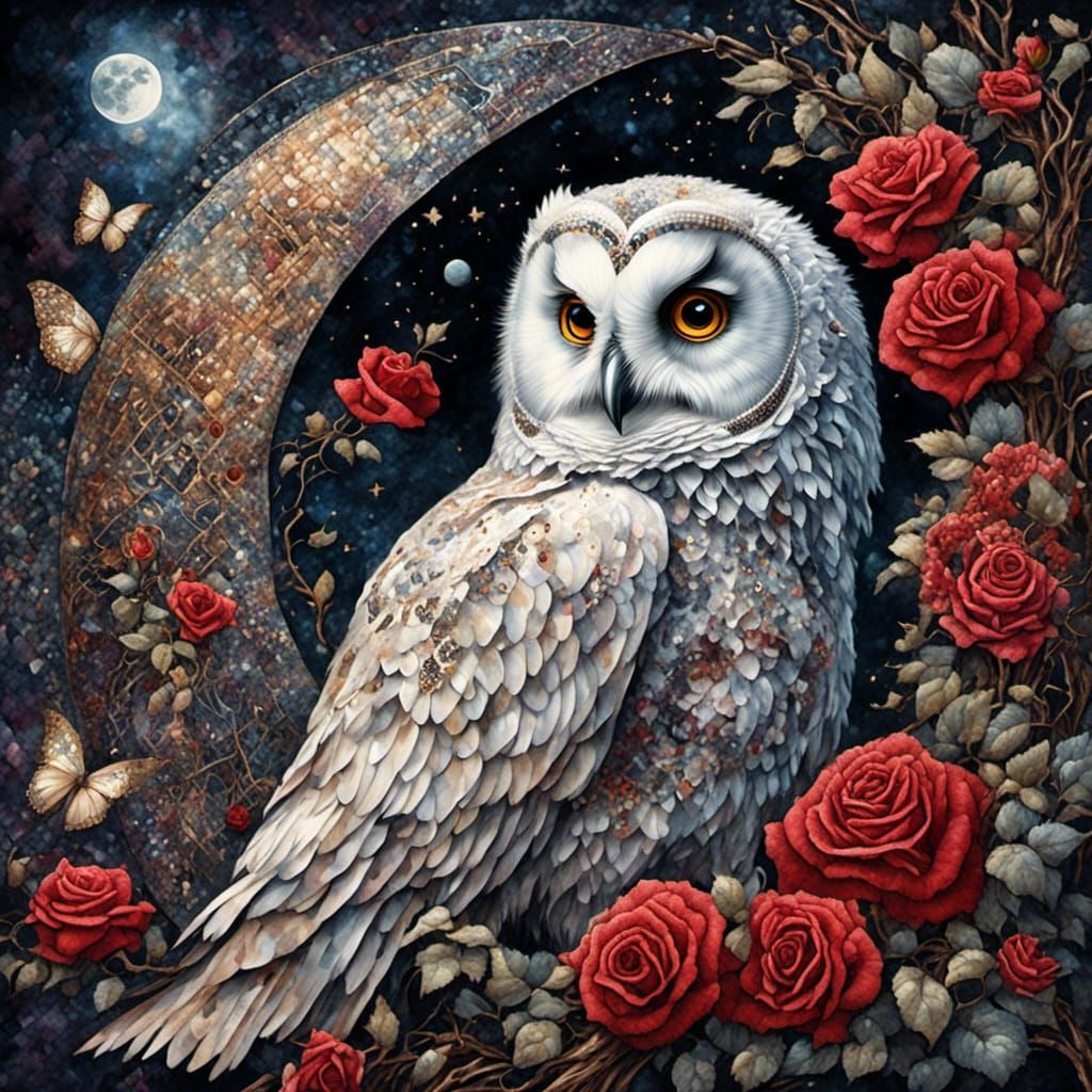 Moonlit Owls and Roses in Dreamy Fantasy Art