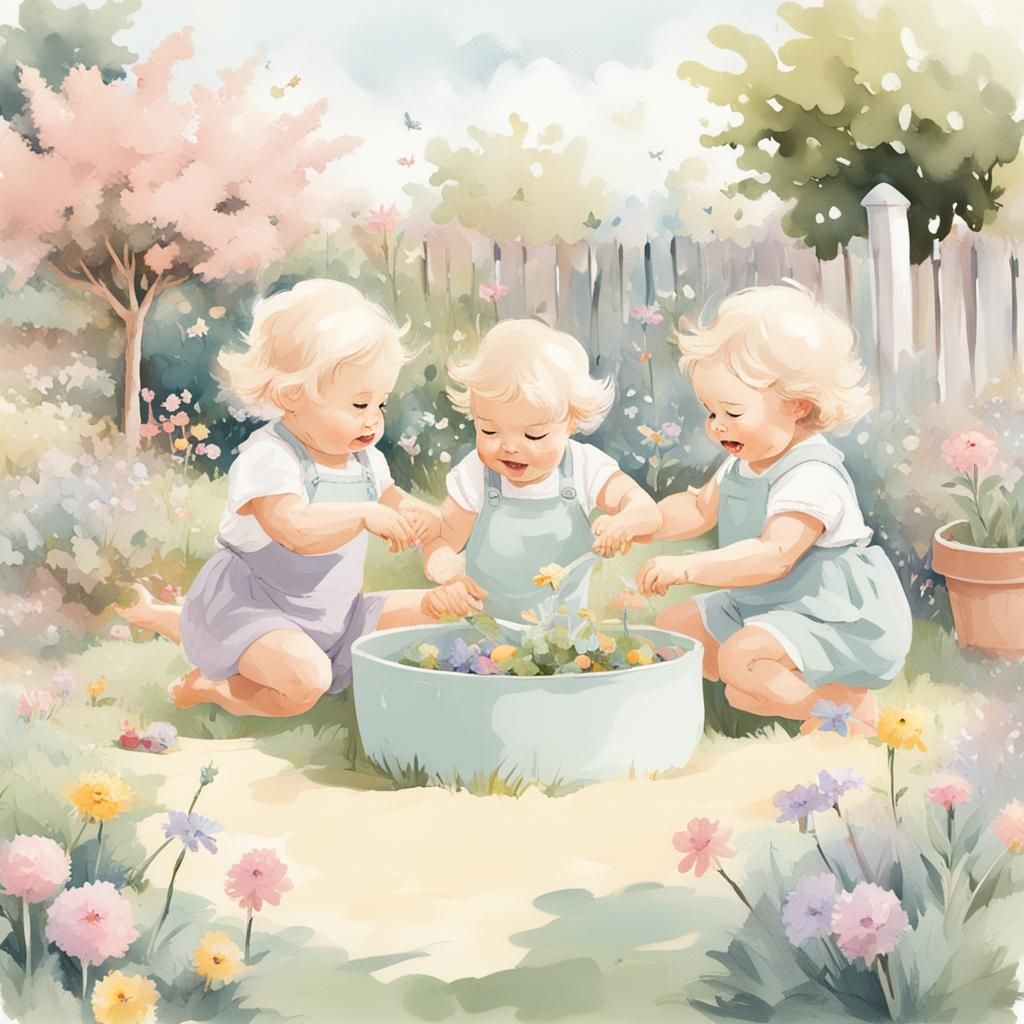 Toddlers Playing in Garden: Pastel Colors Artwork