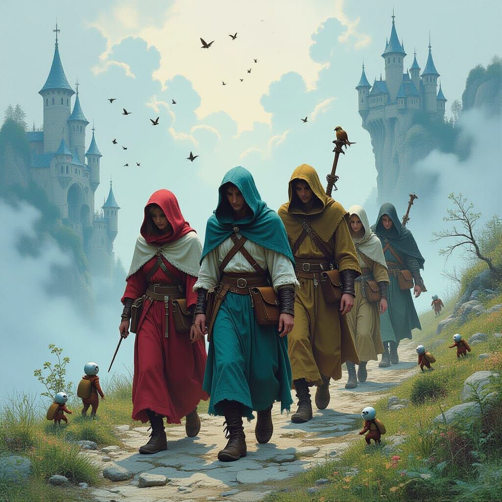 Weary Travelers in Whimsical Landscape, Mystical Art