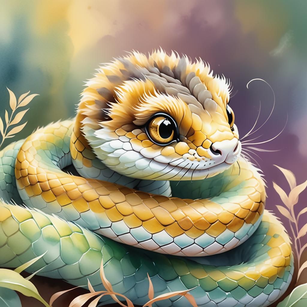 Adorable Fluffy Baby Snake in Watercolor Style