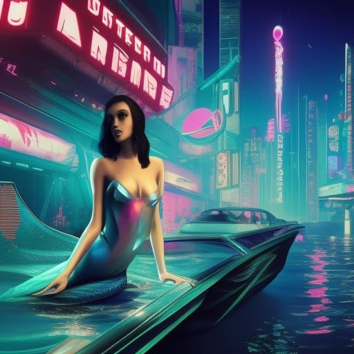 Elegant Mermaid in Futuristic Cyberpunk City