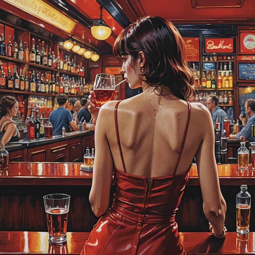 Woman at Bar in Vivid Red Bande Dessinee Style