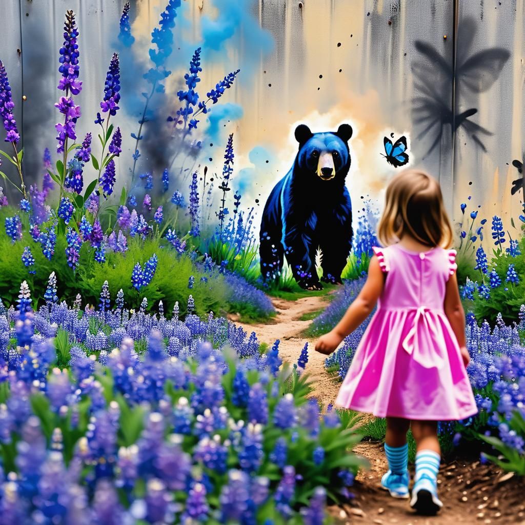 Black Bear Among Bluebells with Bold Brushstrokes