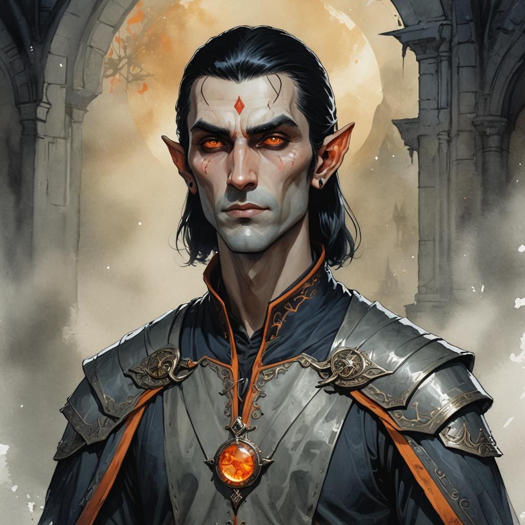 Elf Vampire Portrait with Sun Amulet, Watercolor Concept Art