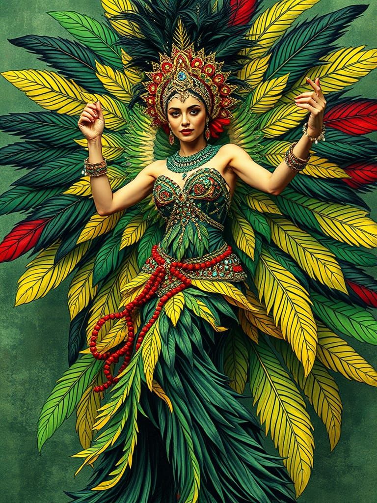 Ethereal Woman Dances in Vibrant Samba Costume