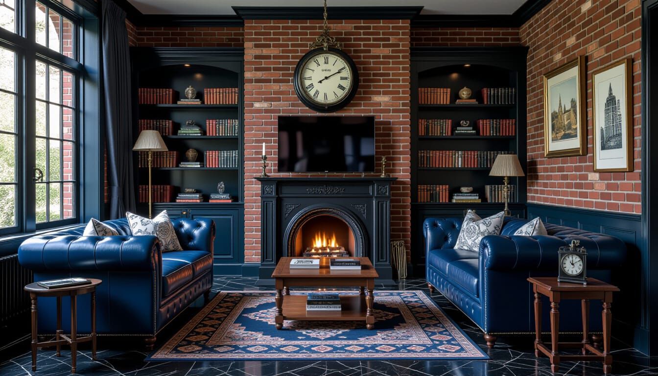 Victorian Living Room with Dark Blue and Brick Accents