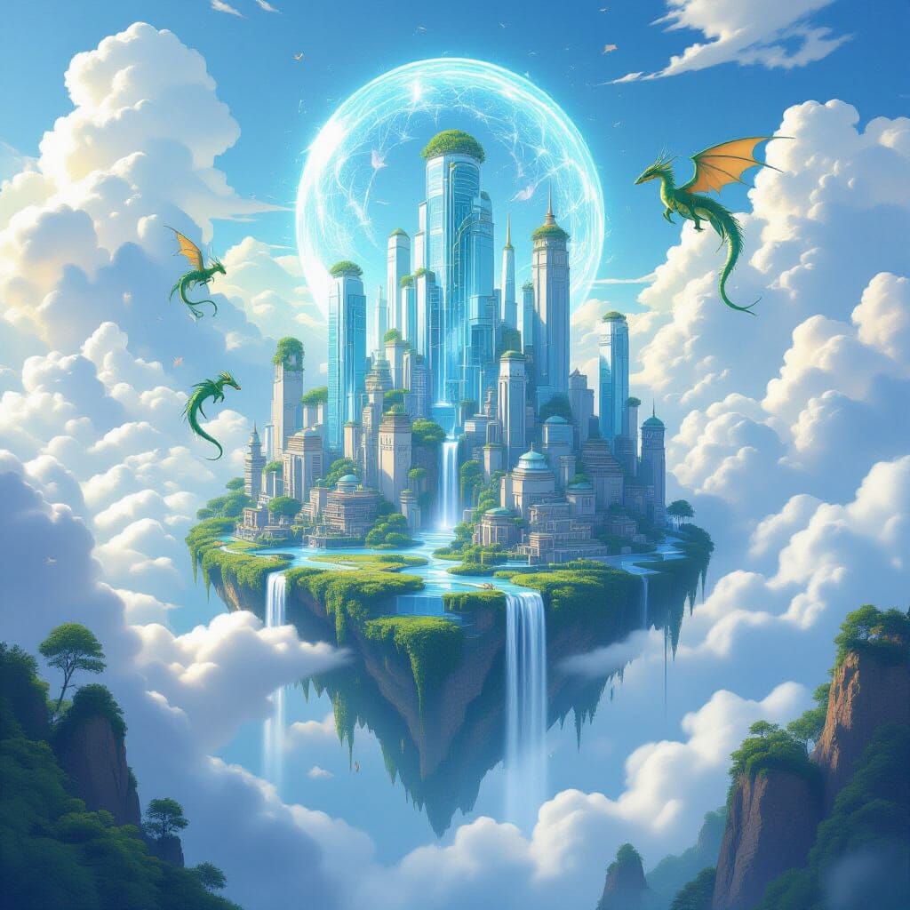 Floating City in Clouds with Dragons and Waterfalls