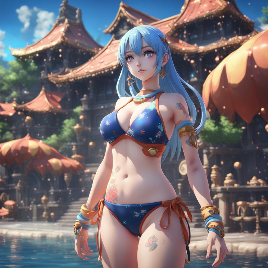 Curvy Anime Girl in Bikini: Detailed Digital Art