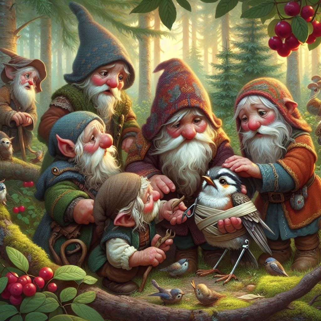 Gnomes Heal Bird in Forest, Storybook Illustration