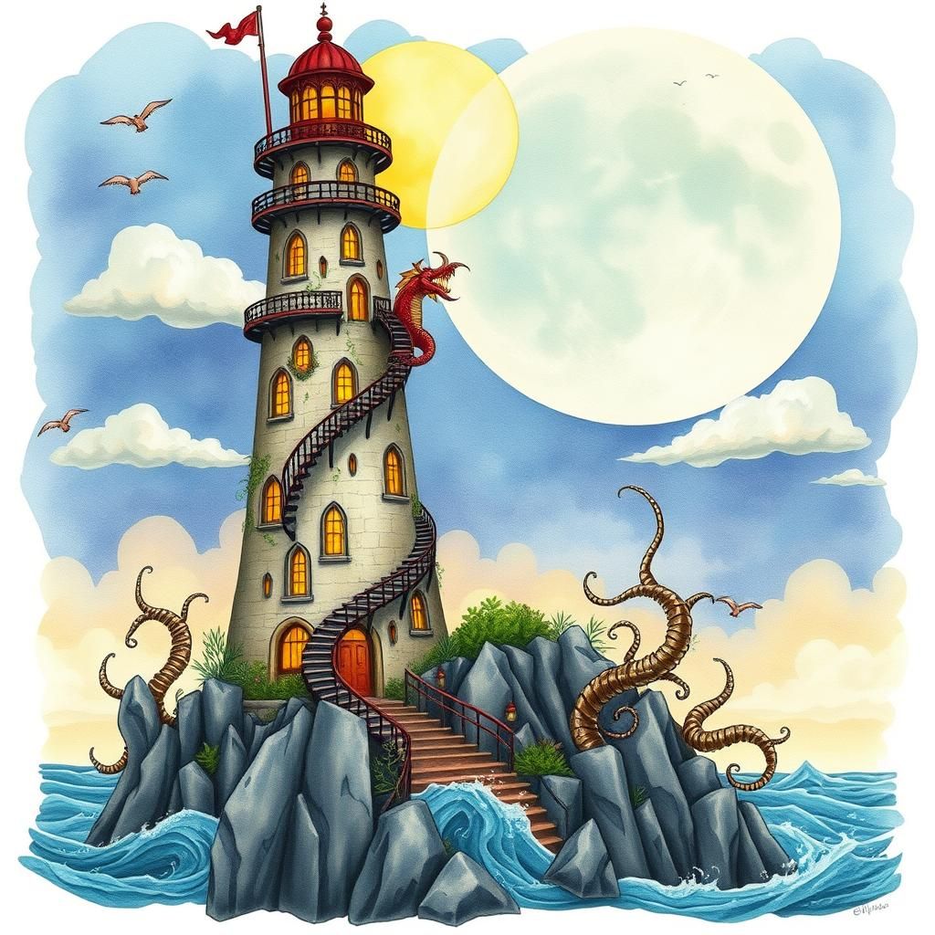 Whimsical Lighthouse with Dragon in Watercolor Style