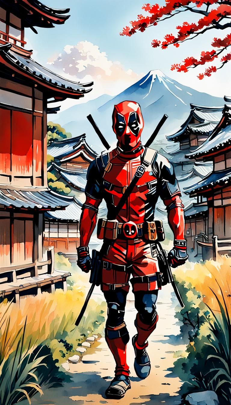 Deadpool in Feudal Japan: Ukiyo-e Watercolor