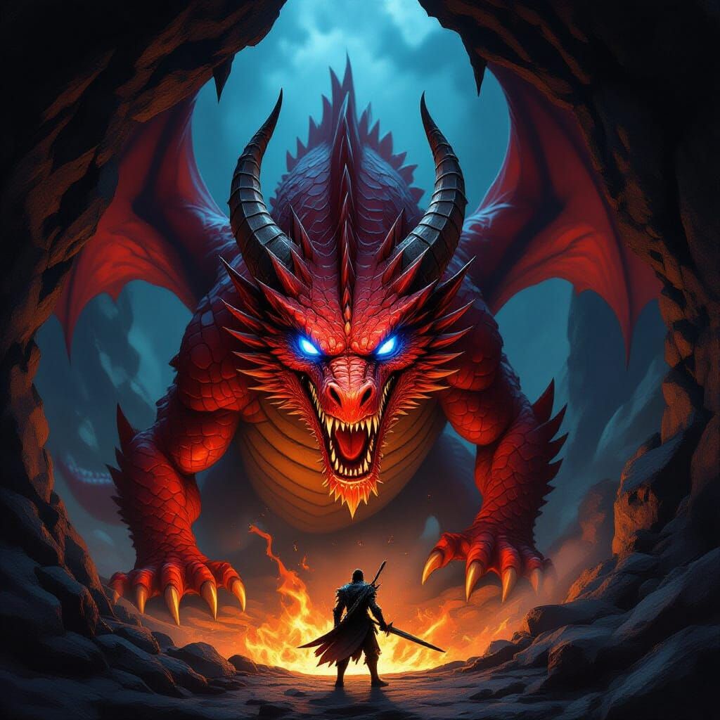 Menacing Red Dragon Emerges From Cave, Facing Warrior