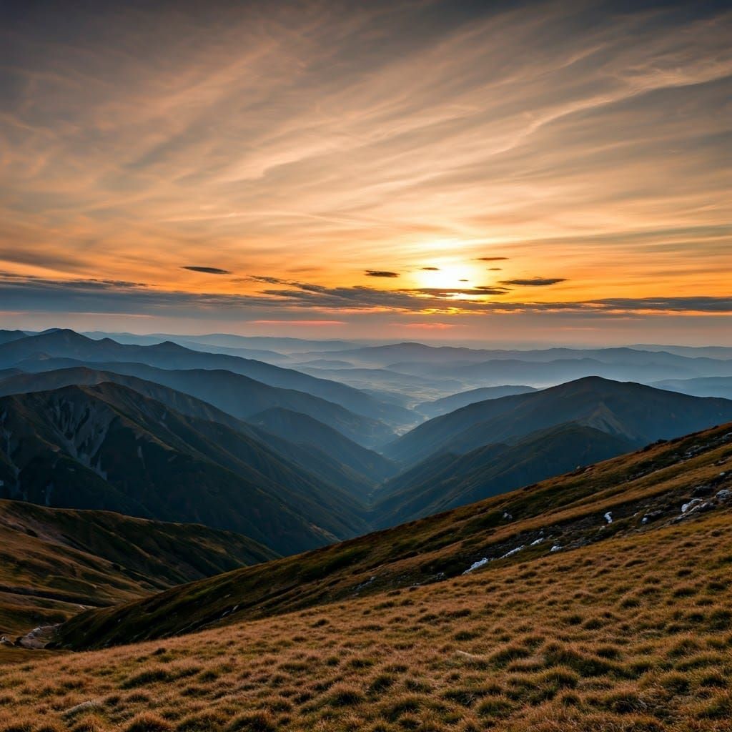 Serene Mountain Landscape at Dusk, Atmospheric Painting
