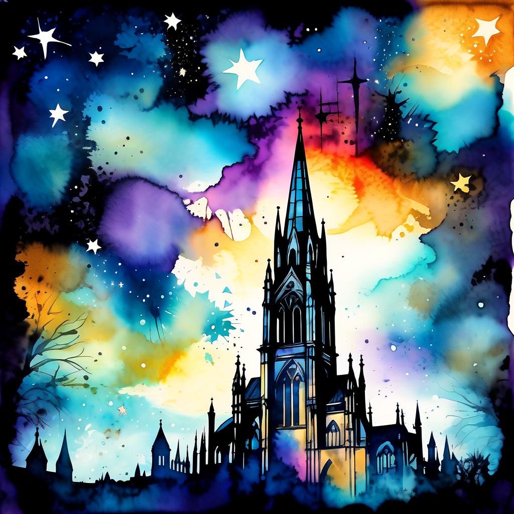 Luminous Gothic Cathedral Silhouette in Watercolor and Ink